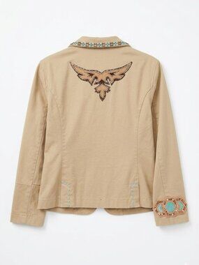 Tokyo Vintage Western Blazer Tan Turquoise Beaded Embroidered Jacket Cowgirl L
